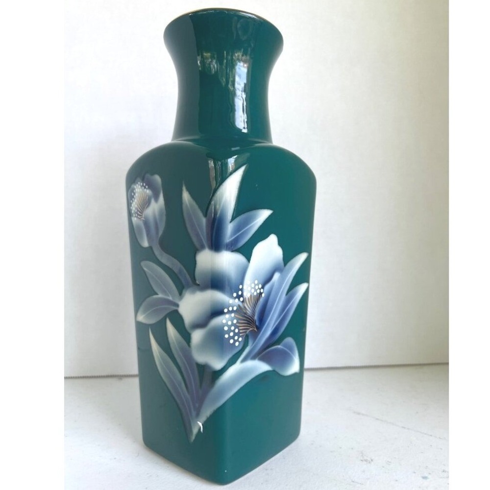 Vtg Teal Green Japanese Porcelain Vase Hand Painted Blue & White Floral Design